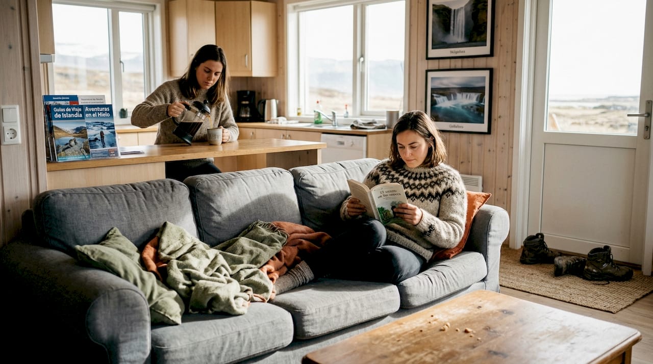 Un grupo de amigos disfrutando de unos días de descanso en una casa rural en Islandia.