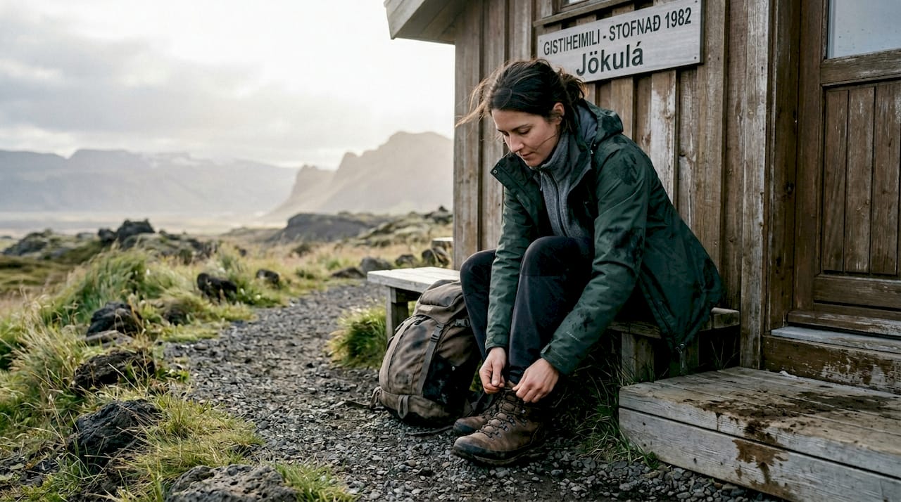 Ein Reisender sitzt vor einem Hostel in Island und schnürt sich die Wanderstiefel.