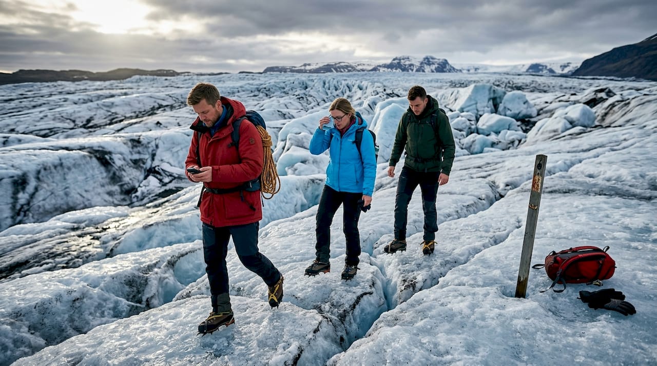 Des voyageurs partent à l’aventure sur le glacier Sólheimajökull lors d’une randonnée inoubliable.