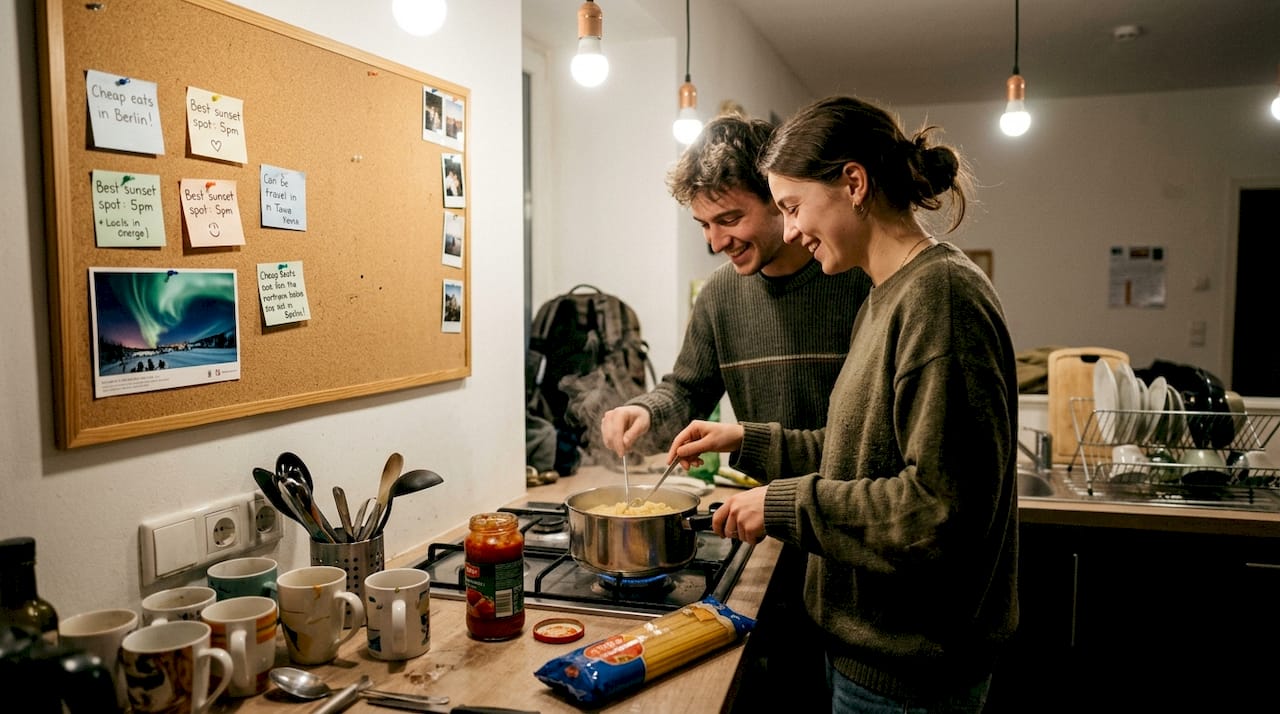 Couple cooking together in hostel kitchen