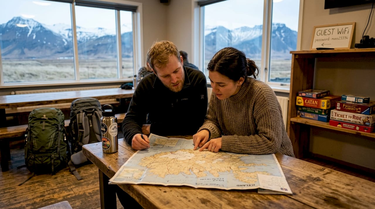 Couple planning trip in Iceland hostel lounge
