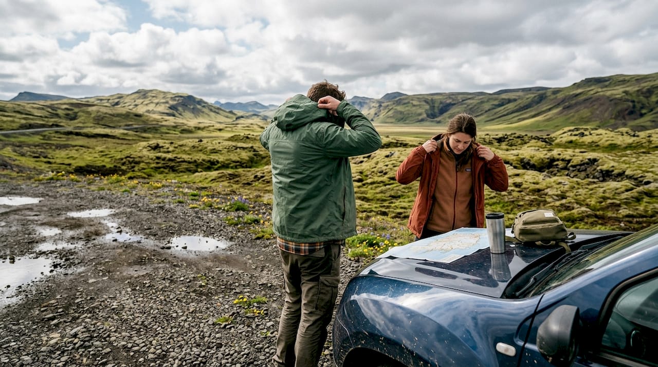 Travelers preparing for adventure in Icelandic spring