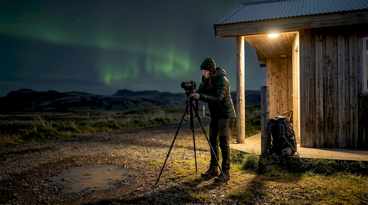 Un voyageur admire les aurores boréales depuis une maison d’hôtes en Islande.