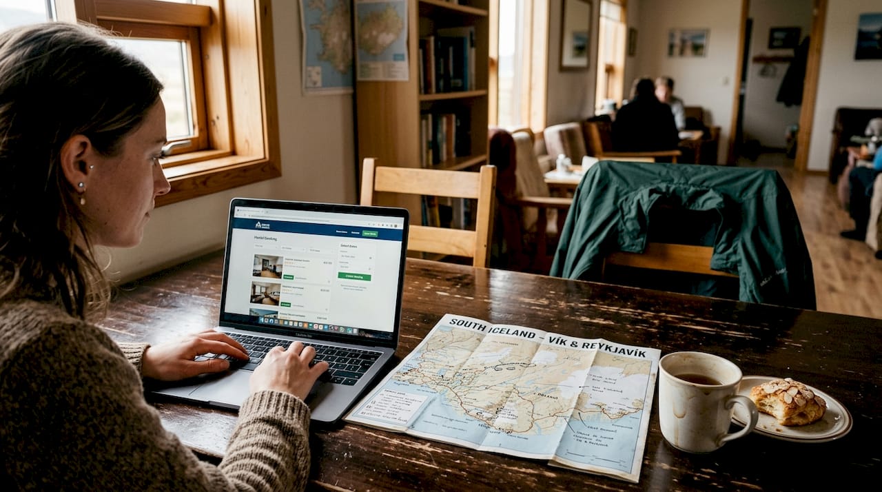 Traveler booking hostel in South Iceland