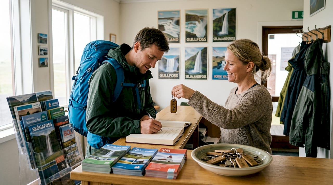 Traveler checking in at hostel reception