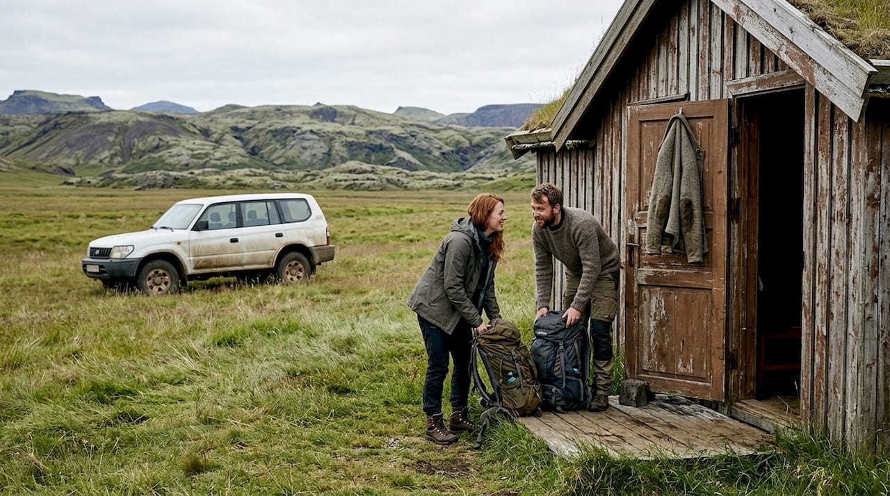 Una pareja se instala en una acogedora casa rural situada en medio de una pradera islandesa.