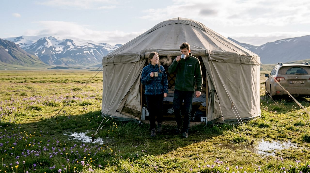 Una coppia si gode la natura islandese davanti alla propria tenda glamping, immersa in paesaggi mozzafiato.