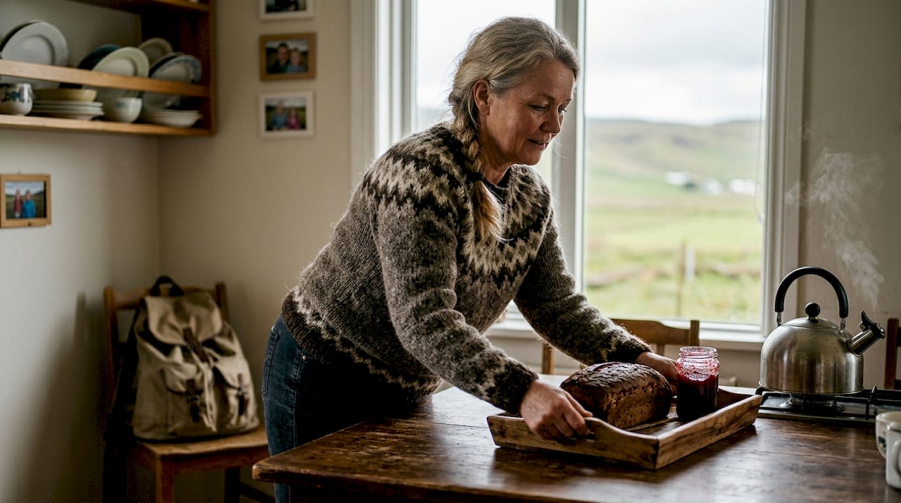 Il gestore della guesthouse islandese che offre pane fresco agli ospiti nella cucina comune.