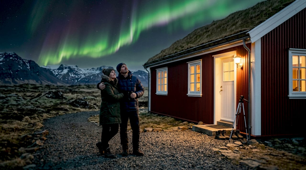 Un couple admire la magie des aurores boréales sous le ciel d’Islande.