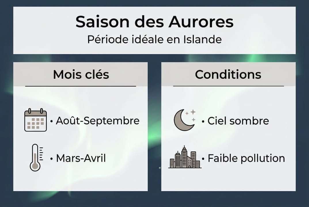 Tout savoir sur la saison des aurores boréales et les conditions idéales pour les observer en Islande, présenté en une infographie claire et pratique.