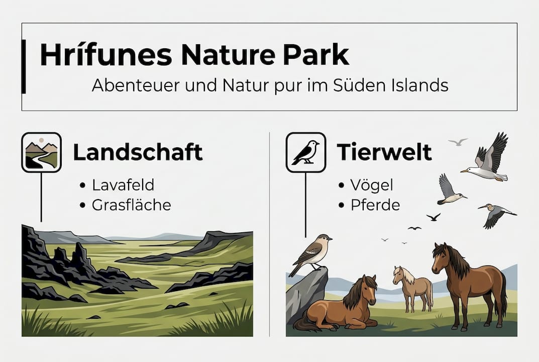 Übersichtsgrafik zu Landschaftsformen und Tierwelt im Hrífunes-Naturpark