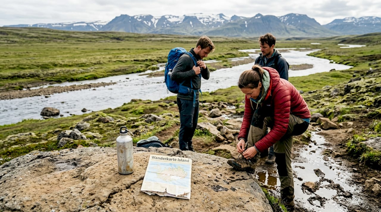 Wanderer machen sich am Fluss in einem isländischen Nationalpark startklar für ihre Tour.