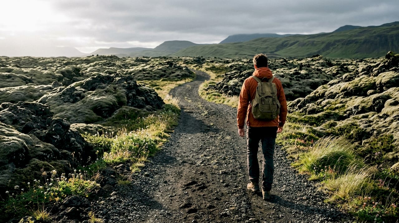 Ein Wanderer erkundet einen Pfad durch die beeindruckenden Lavafelder Islands.