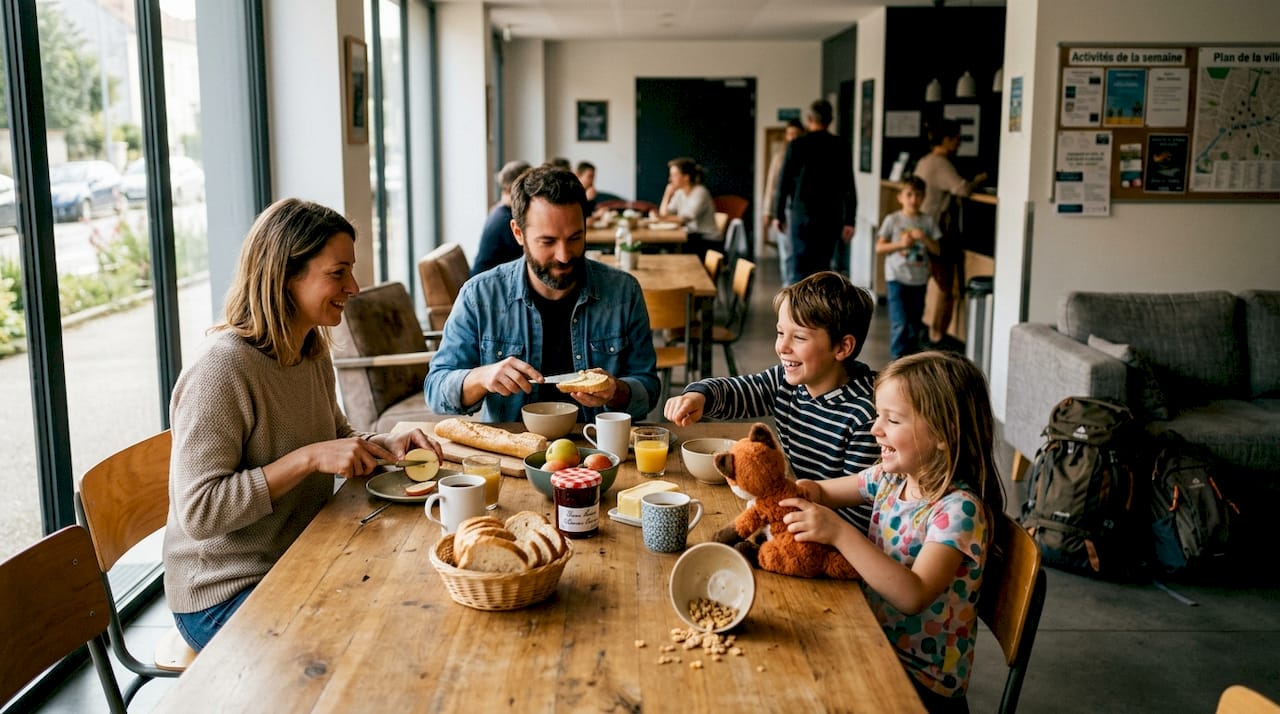 Petit-déjeuner convivial en famille dans une auberge de jeunesse