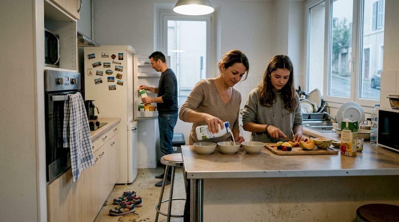 Une famille s'active autour du petit-déjeuner dans la cuisine partagée, chacun met la main à la pâte pour commencer la journée ensemble.