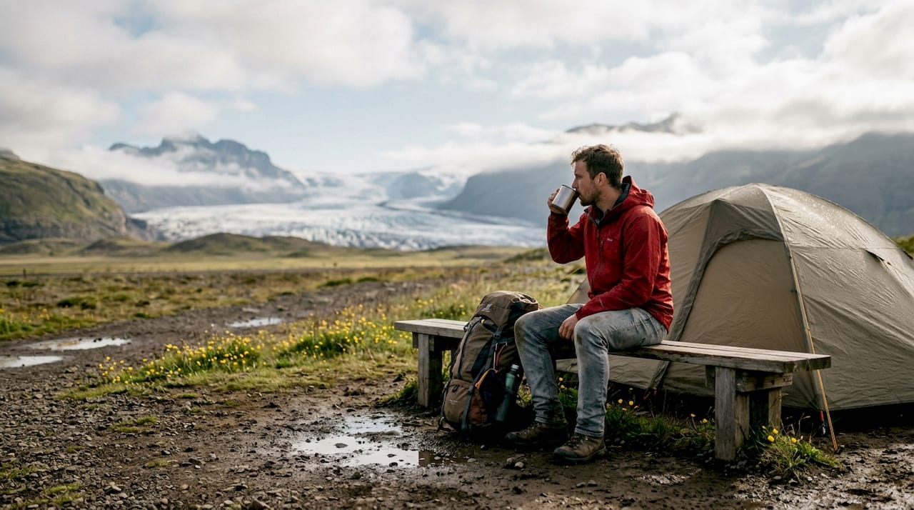 Senderista descansando en un campamento junto al glaciar de Skaftafell