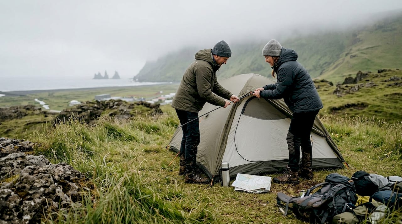 Un grupo de campistas monta su tienda junto a la playa de arena negra cerca de Vík.