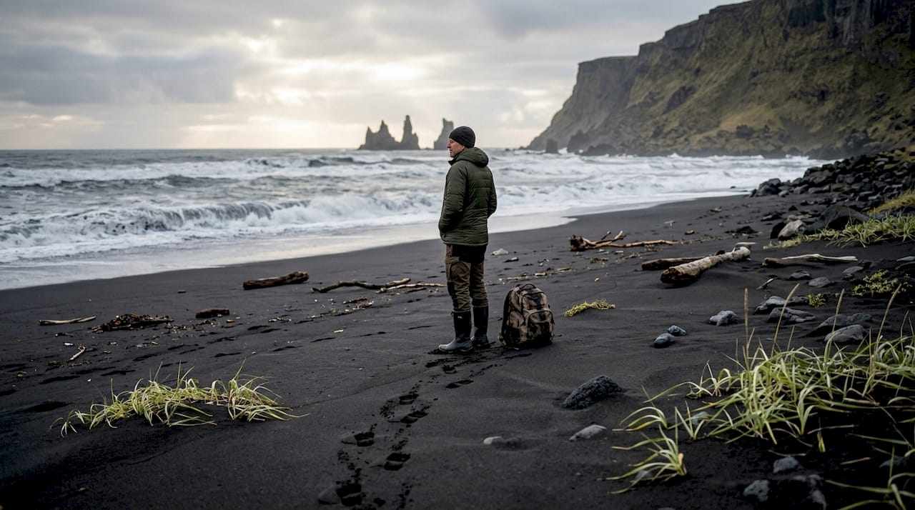Viaggiatore che ammira la spiaggia nera di Reynisfjara dall’alto