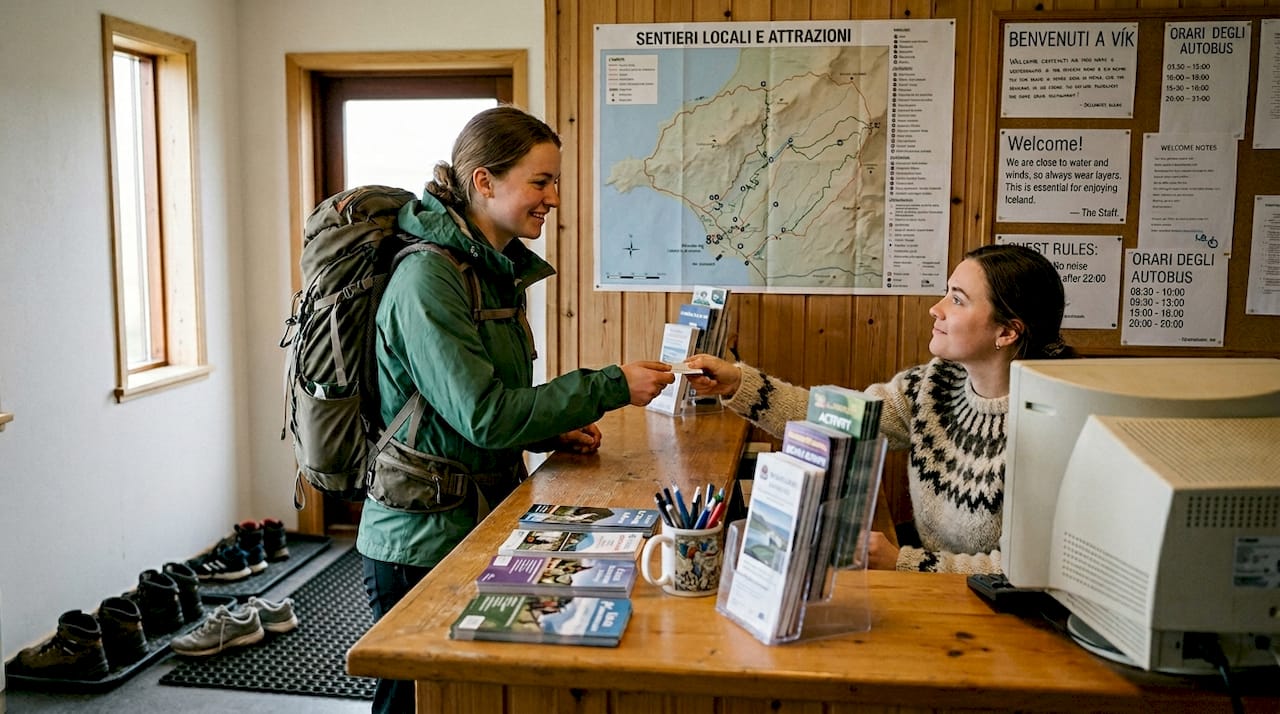 Un viaggiatore zaino in spalla si presenta alla reception dell’ostello per fare il check-in.