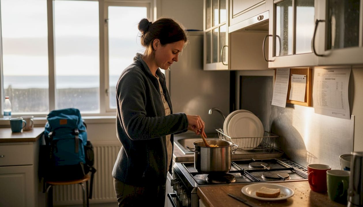 Ein Hostelgast bereitet sein Abendessen in der Gemeinschaftsküche zu.