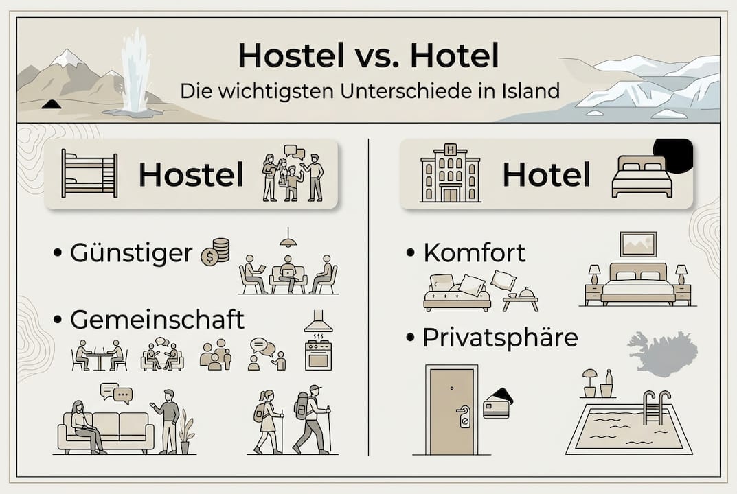 Infografik: Hostels vs. Hotels in Island – Was passt besser zu deinem Reisebudget?