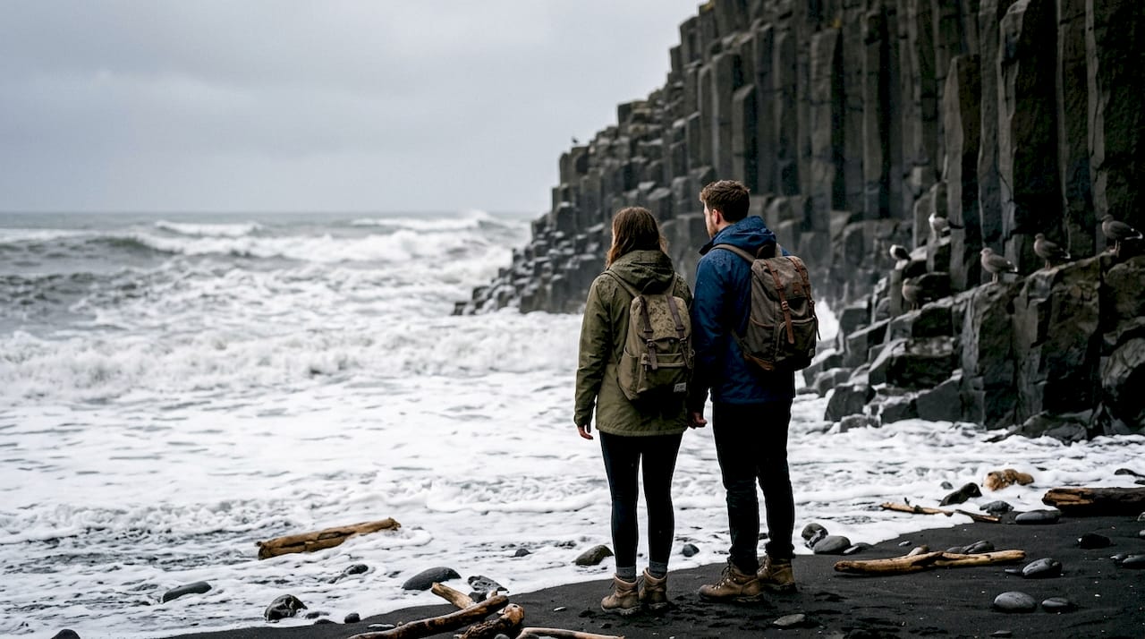 Travelers walking Reynisfjara black sand beach