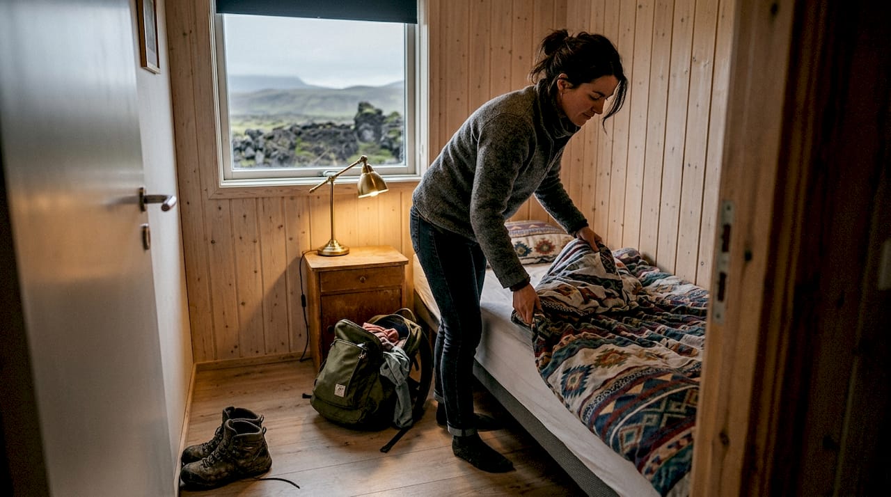 Una donna sta sistemando il letto nella sua stanza privata di un ostello.