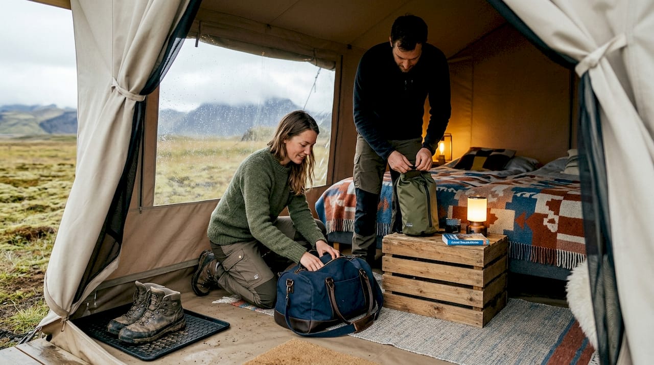 An einem isländischen Glamping-Zelt richten sich die Gäste gemütlich ein und packen ihre Sachen aus.
