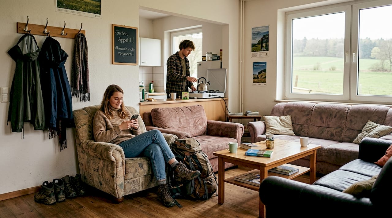 Reisende kommen im Gemeinschaftsraum eines Hostels in Island zusammen, tauschen Geschichten aus und genießen die entspannte Atmosphäre.