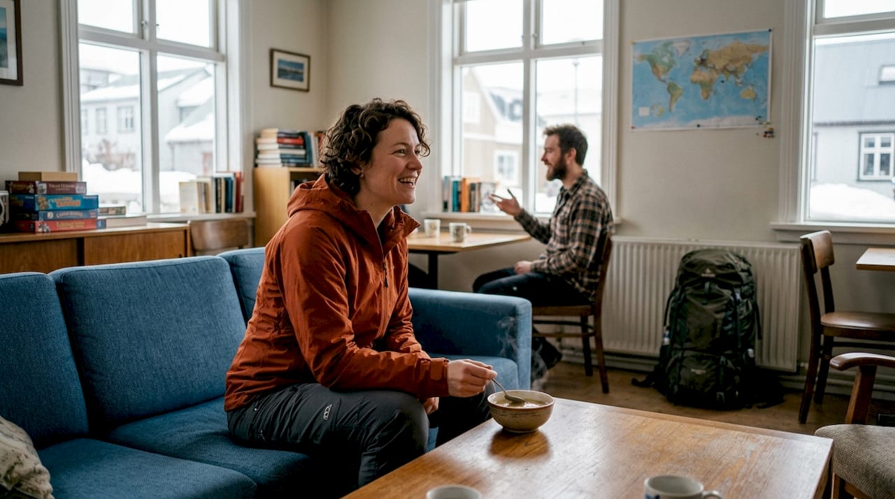 Chica mochilera charlando con otros viajeros en la sala común de un hostel en Islandia