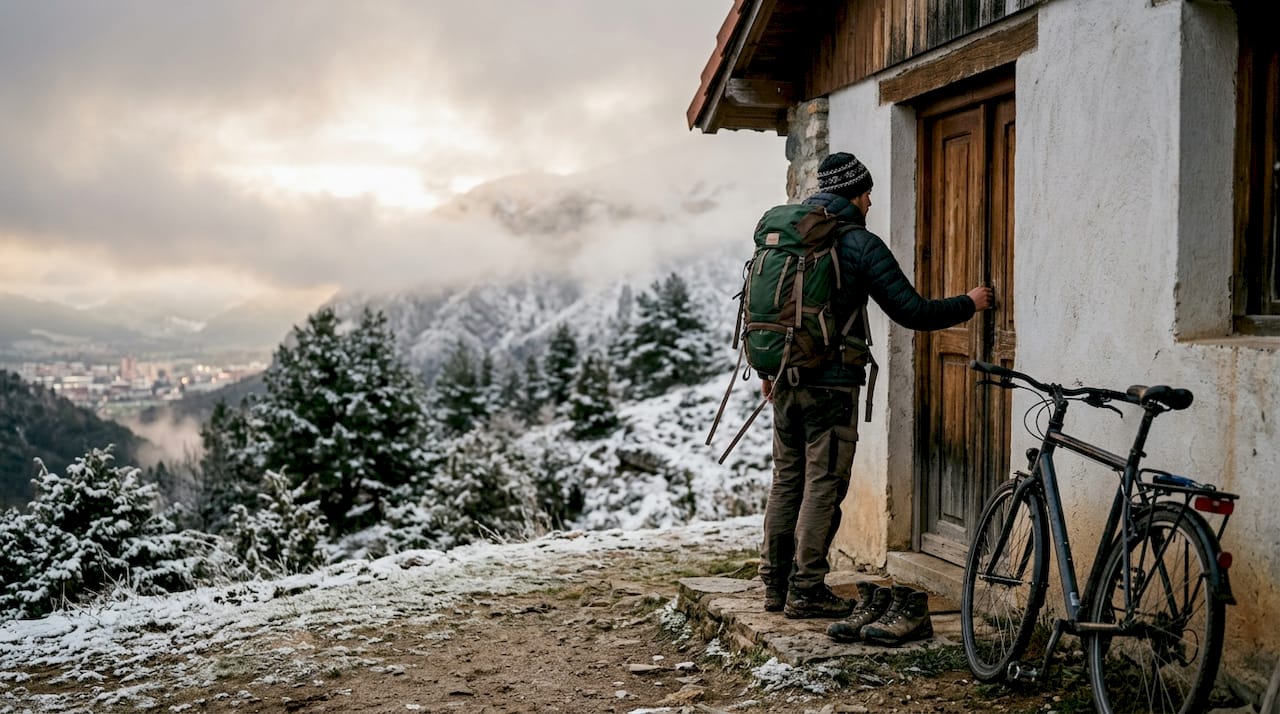 Un mochilero empieza su jornada saliendo de un alojamiento rural en Islandia.