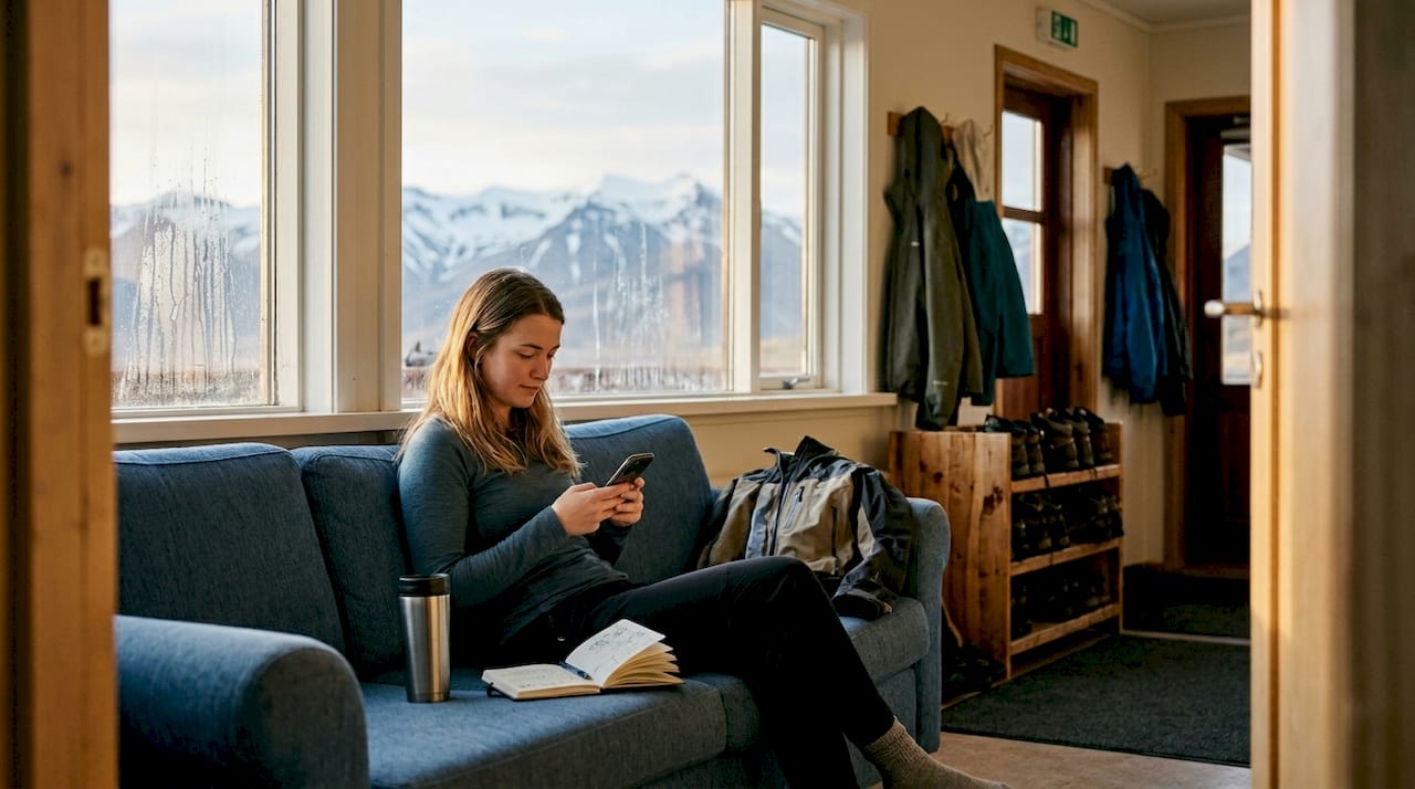 Un voyageur profite d’un moment de détente dans le salon commun d’une auberge de jeunesse en Islande.
