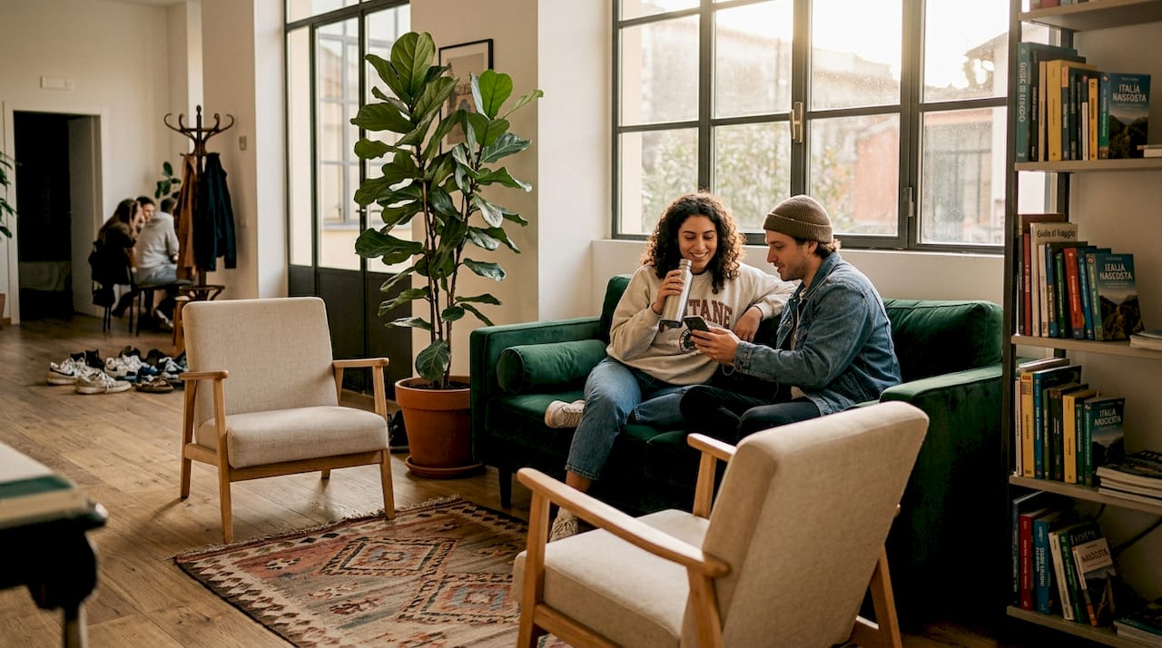 Viaggiatori che si godono un momento di relax nell’area comune di un ostello di charme.