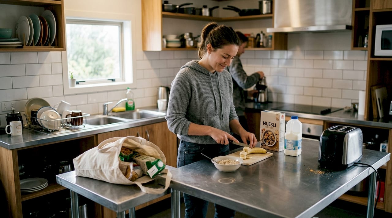 Un viajero se dispone a cocinar en la cocina compartida del hostal.