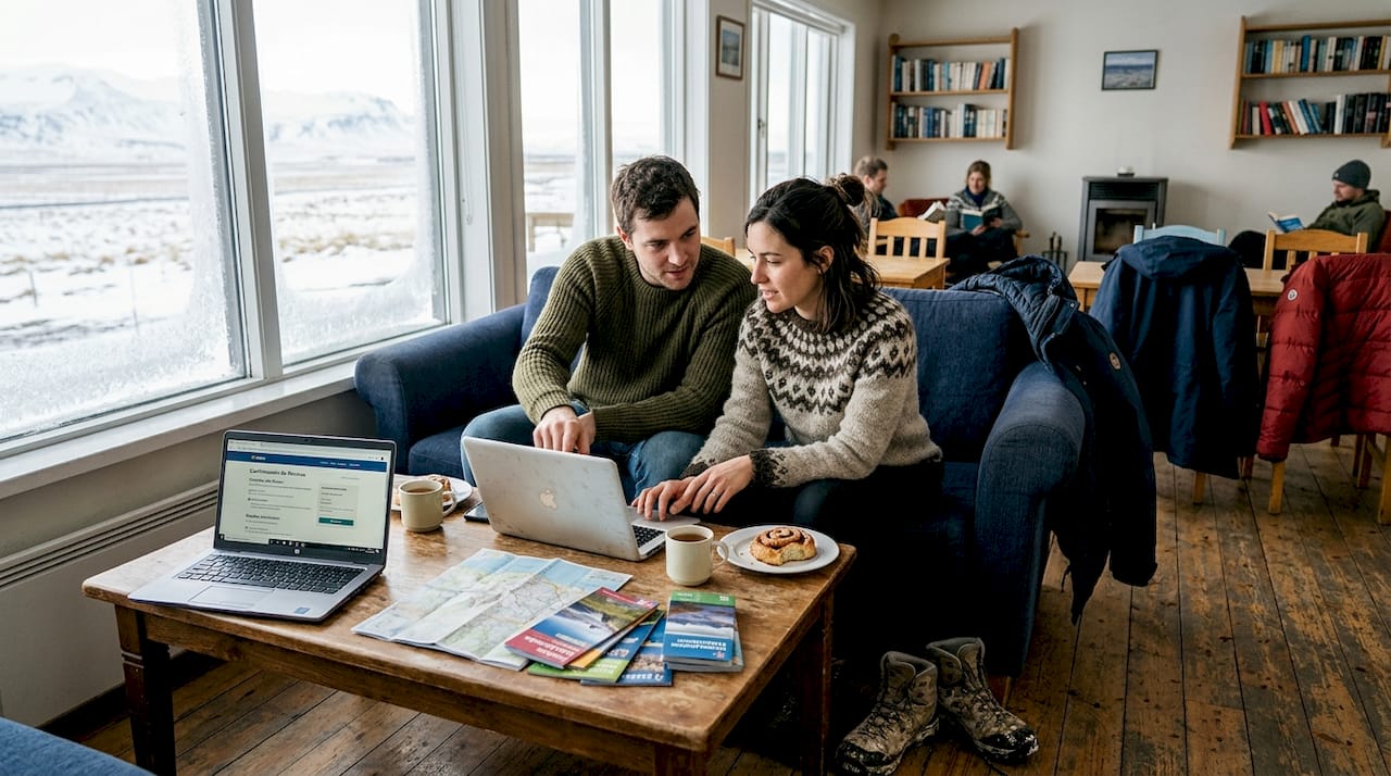 Varios viajeros revisan sus reservas de hostales mientras comparten el área común.