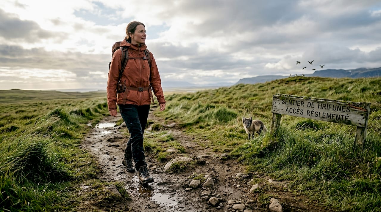 Un marcheur traverse les vastes prairies sauvages du parc Hrífunes, en pleine immersion dans la nature islandaise.