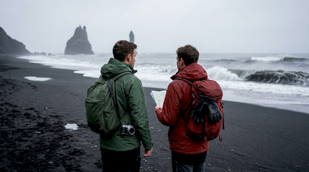 Escursionisti che camminano sulla spiaggia di sabbia nera nei pressi di Vík, in Islanda