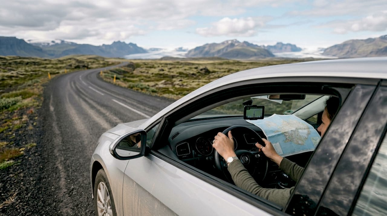 Mit dem Auto auf einer Landstraße unterwegs zur Jugendherberge.