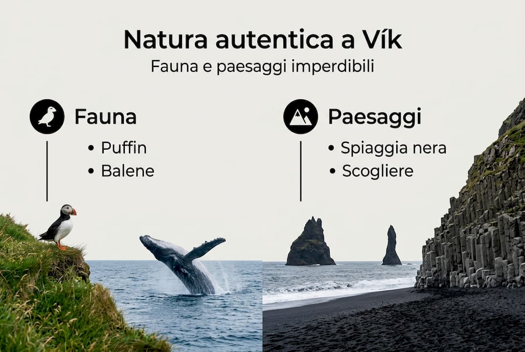 Infografica sulla fauna e sui paesaggi nei dintorni di Vík