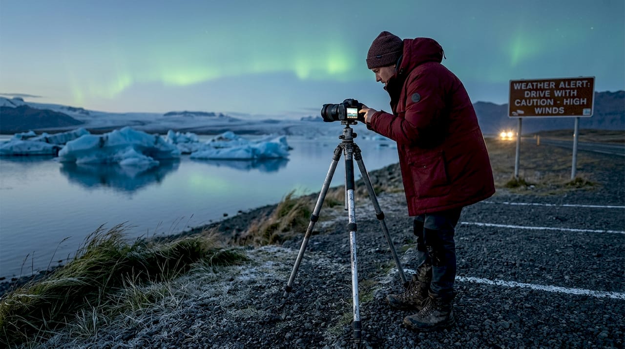 Photographer by Jökulsárlón Lagoon under aurora