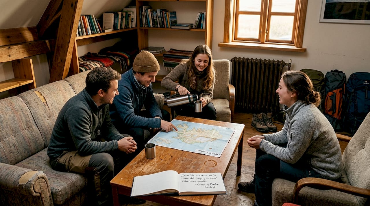 Viajeros de diferentes partes del mundo se conocen y comparten experiencias en la sala común del albergue.