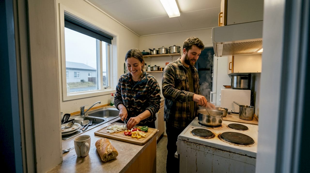 Viajeros preparando la cena juntos en la pequeña cocina de un hostal.