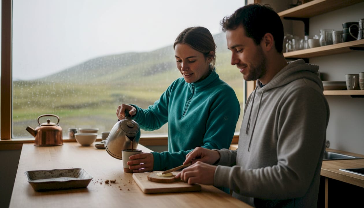 Coppia che prepara la colazione insieme nella cucina di un ostello in Islanda