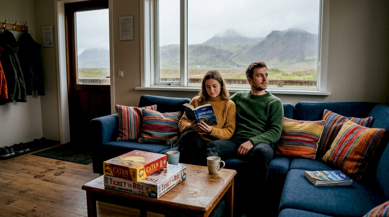 Una coppia si gode un momento di relax nell’area comune dell’ostello.