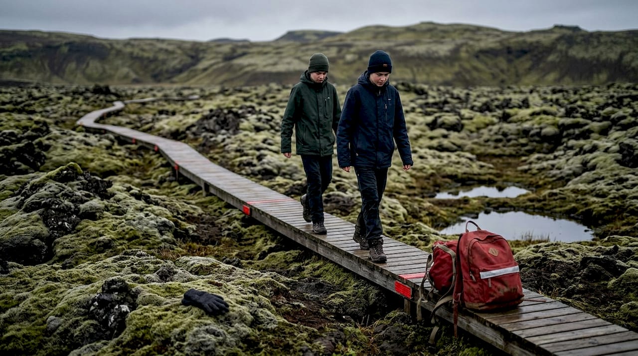 Zwei Jugendliche spazieren auf einem Holzweg durch ein moosbedecktes Lavafeld.