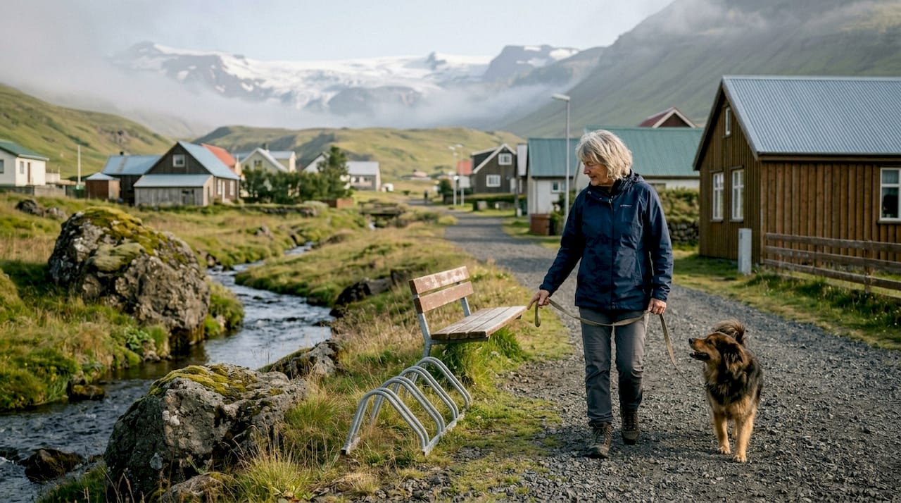 Eine Frau schlendert entspannt durch ein idyllisches Dorf inmitten der grünen isländischen Landschaft.