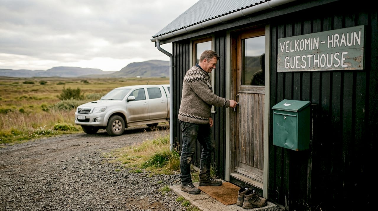 Icelandic host opening rural guesthouse at sunrise