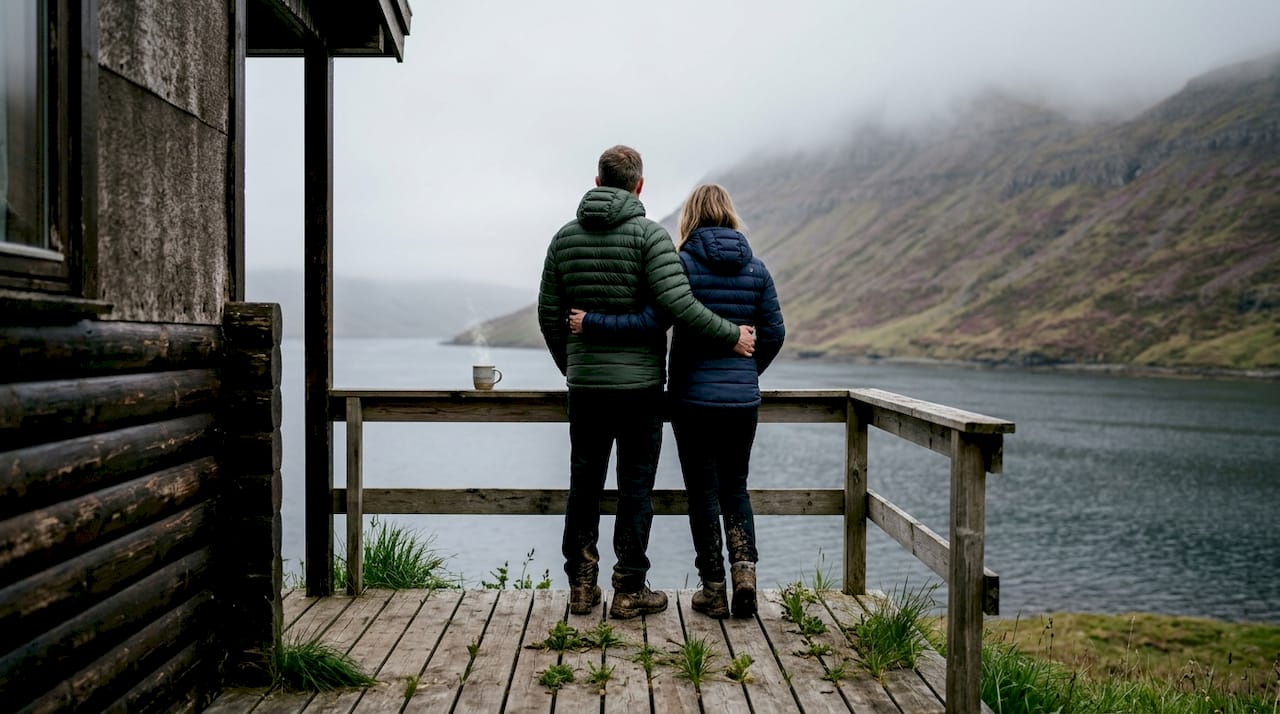 Un couple profite d’un moment paisible face à un fjord islandais, en pleine nature.