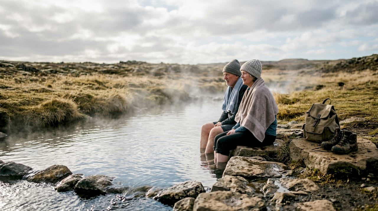 Una coppia si rilassa immersa nelle acque calde di una sorgente termale in mezzo alla natura islandese.