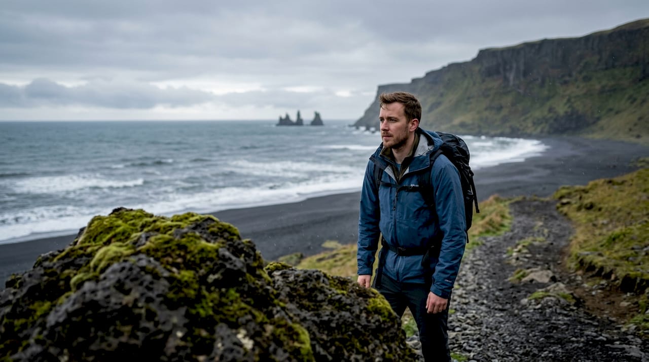 Un viajero contempla la impresionante costa de Vík, en Islandia.